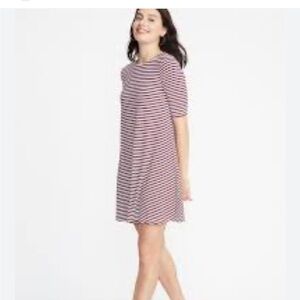 Old Navy Jersey Swing White and Burgundy striped Dress Size L.